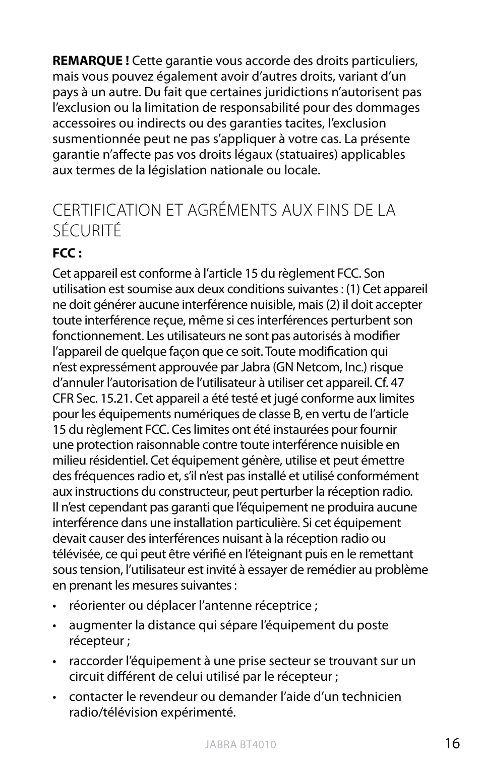 English, Certification et agréments aux fins de la sécurité | Jabra BT4010 User Manual | Page 52 / 73