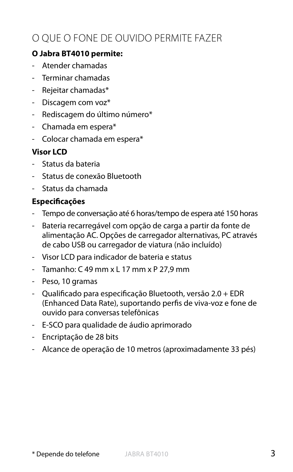 English, O que o fone de ouvido permite fazer | Jabra BT4010 User Manual | Page 57 / 73