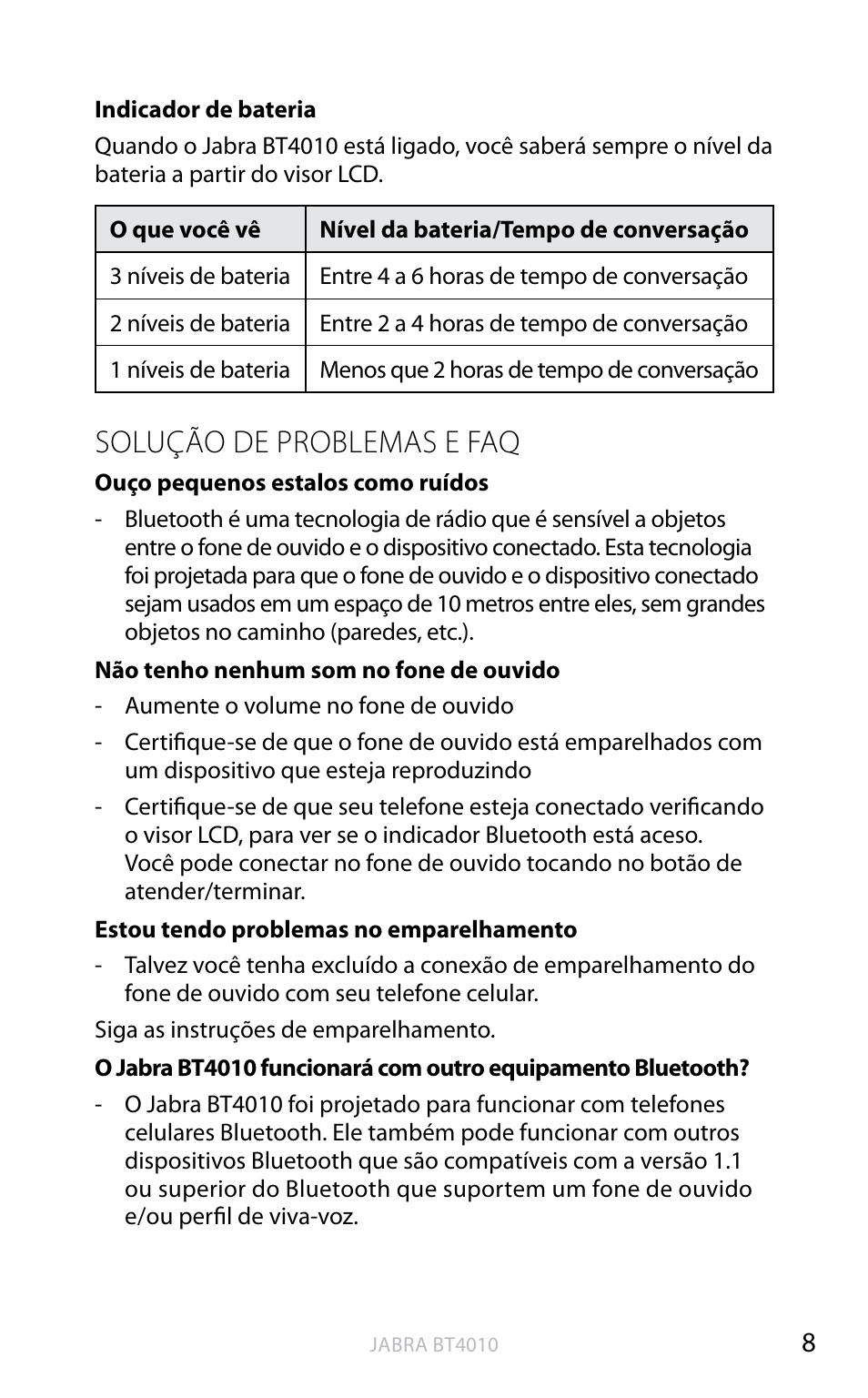 English, Solução de problemas e faq | Jabra BT4010 User Manual | Page 62 / 73