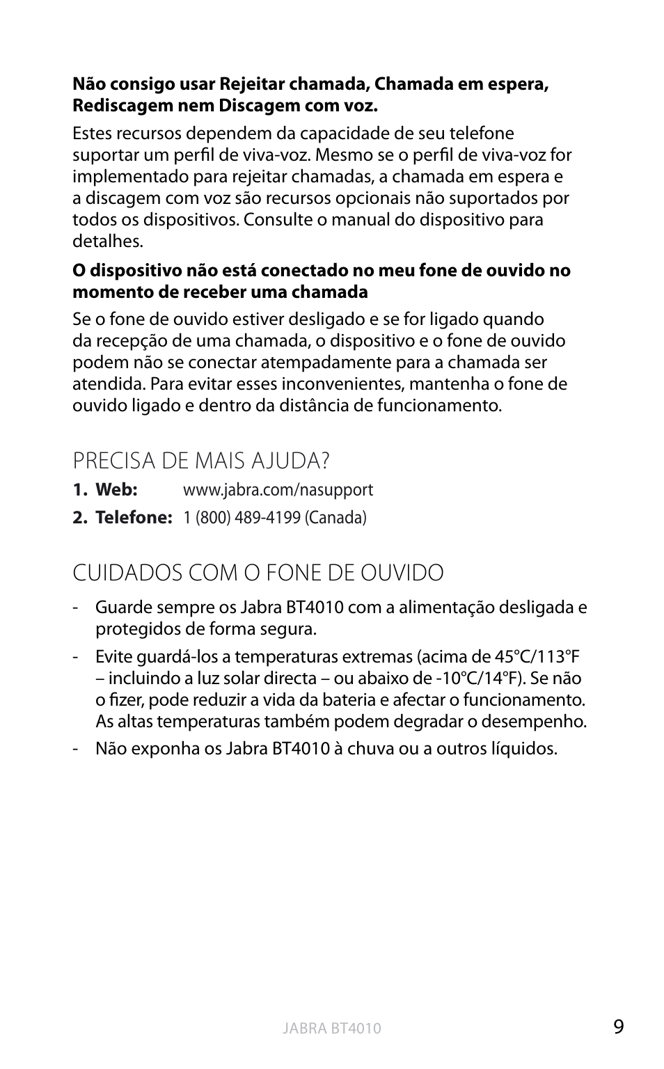 English, Precisa de mais ajuda, Cuidados com o fone de ouvido | Jabra BT4010 User Manual | Page 63 / 73