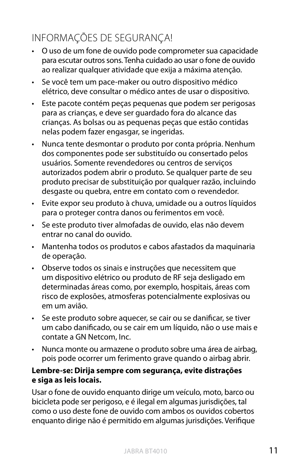 English, Informações de segurança | Jabra BT4010 User Manual | Page 65 / 73