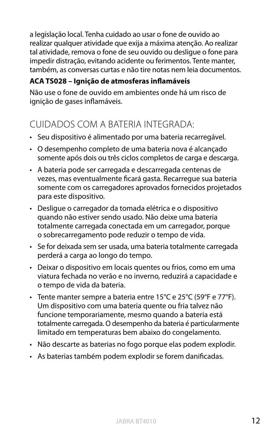 English, Cuidados com a bateria integrada | Jabra BT4010 User Manual | Page 66 / 73