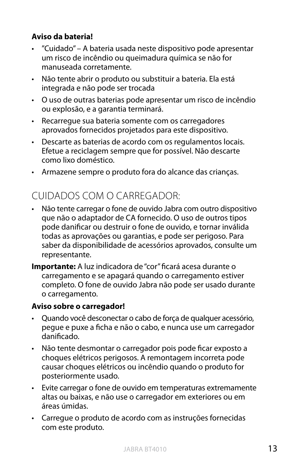 English, Cuidados com o carregador | Jabra BT4010 User Manual | Page 67 / 73