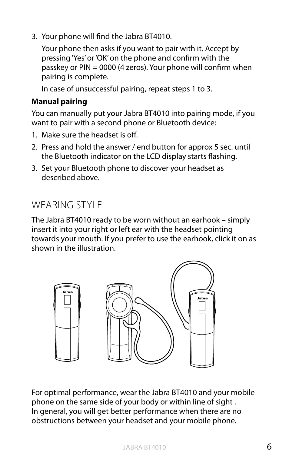 English, Wearing style | Jabra BT4010 User Manual | Page 7 / 73