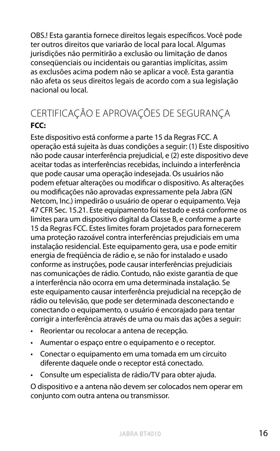 English, Certificação e aprovações de segurança | Jabra BT4010 User Manual | Page 70 / 73