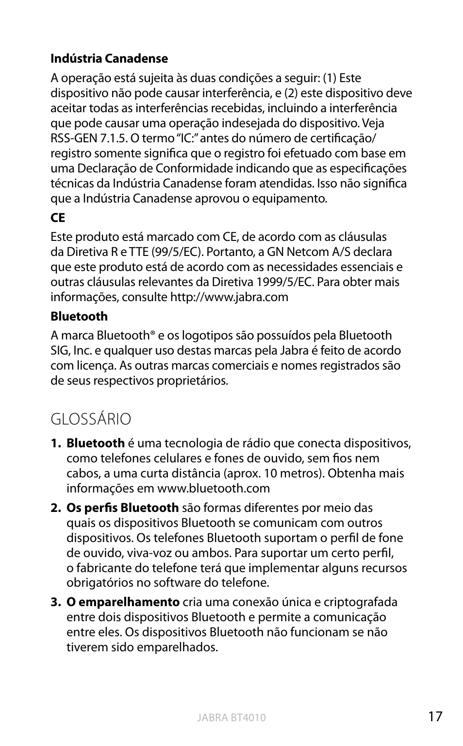 English, Glossário | Jabra BT4010 User Manual | Page 71 / 73