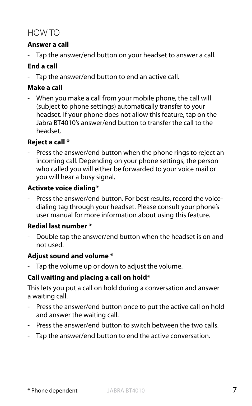 English, How to | Jabra BT4010 User Manual | Page 8 / 73