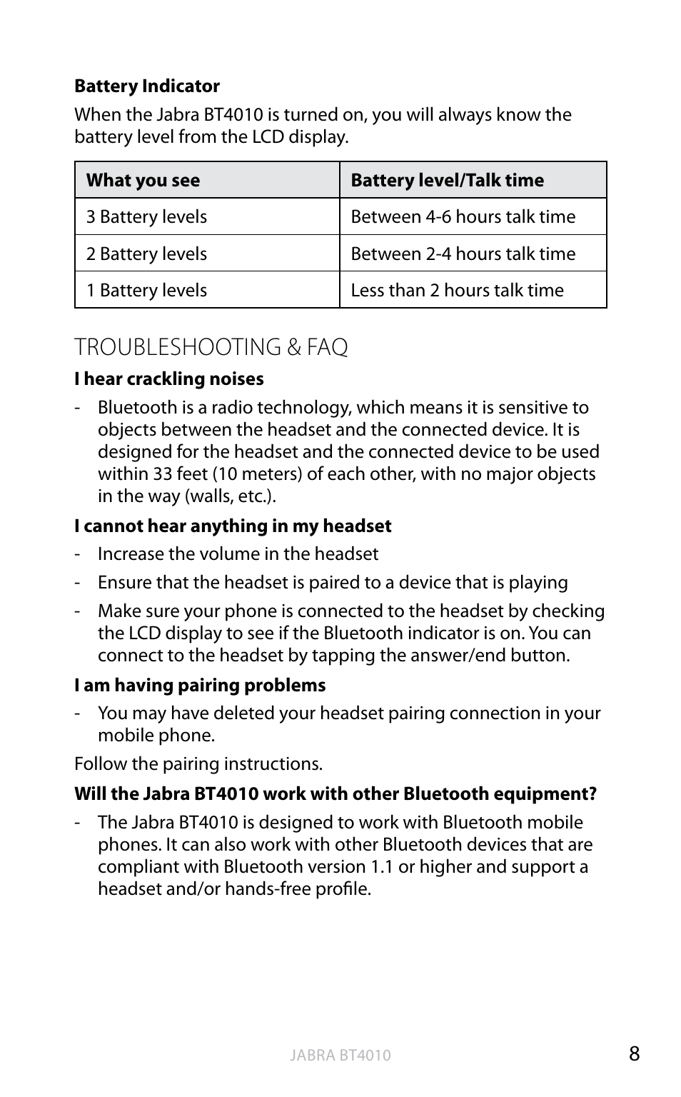 English, Troubleshooting & faq | Jabra BT4010 User Manual | Page 9 / 73