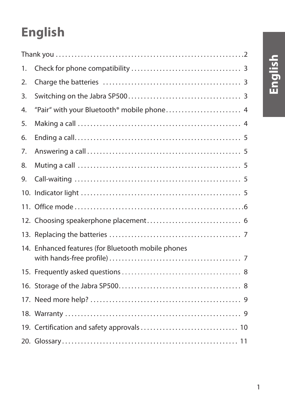 English, En g lis h | Jabra SP 500 User Manual | Page 3 / 8