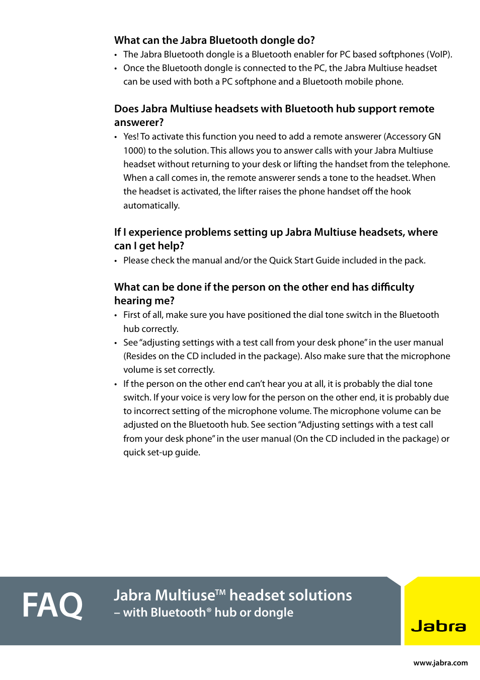 Jabra multiuse, Headset solutions | Jabra BT5020 User Manual | Page 2 / 5