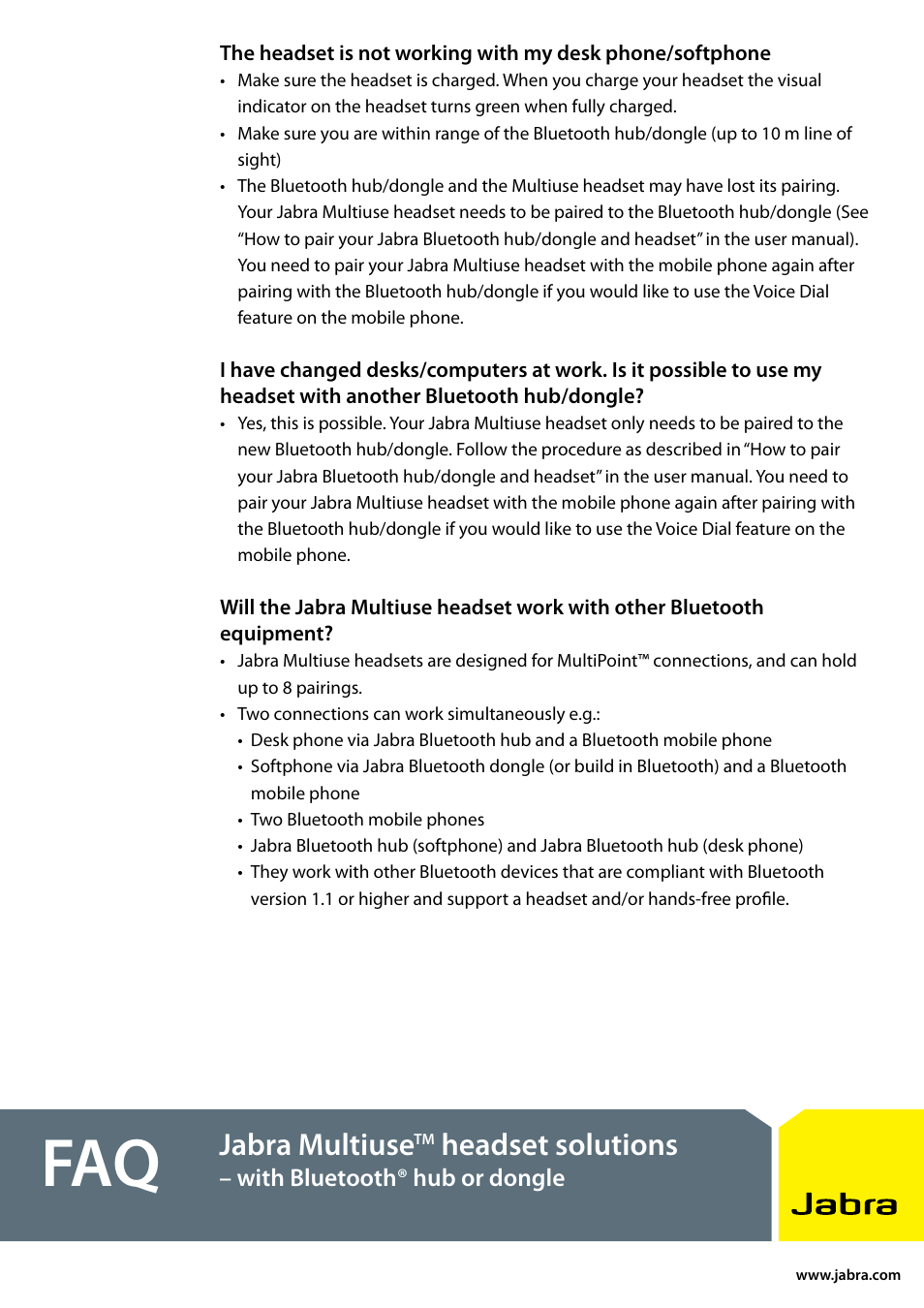 Jabra multiuse, Headset solutions | Jabra BT5020 User Manual | Page 4 / 5