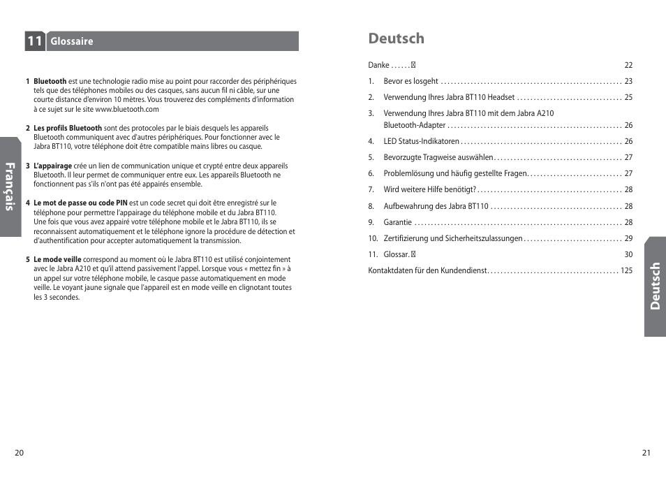 Deutsch, Deu ts ch, Fr an ça is | Jabra BT110 User Manual | Page 12 / 65