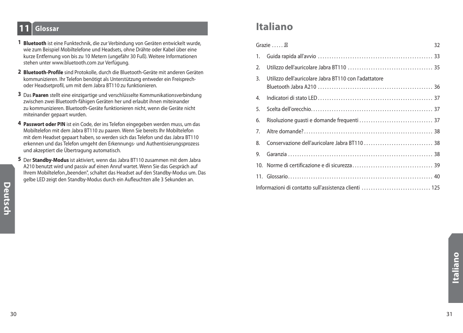 Italiano, It al ia n o, Deu ts ch | Jabra BT110 User Manual | Page 17 / 65