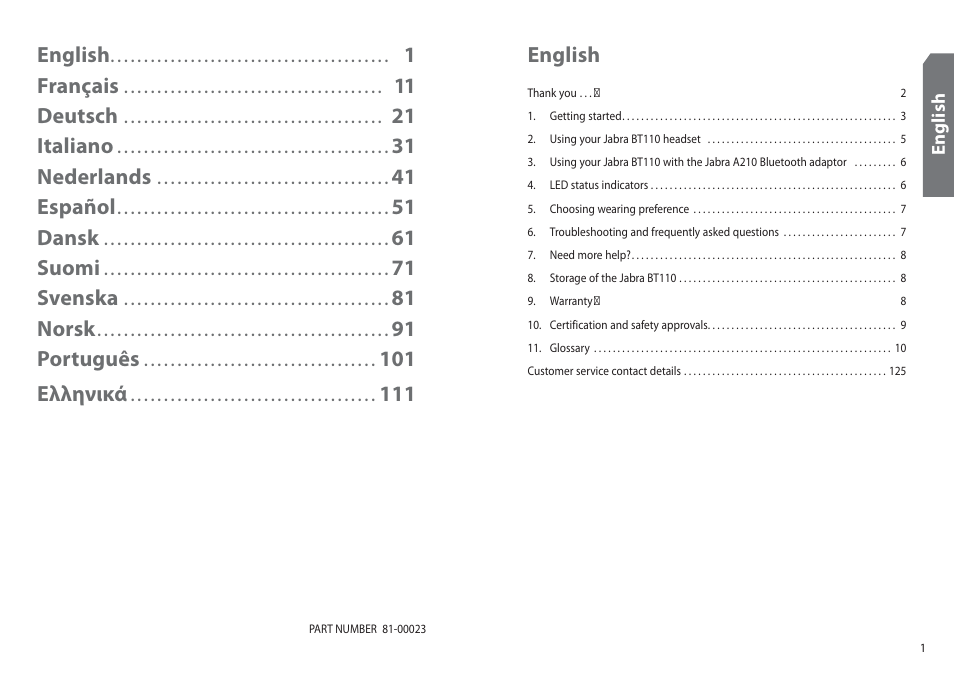 English, 1français, 11 deutsch | 21 italiano, 31 nederlands, 41 español, 51 dansk, 61 suomi, 71 svenska, 81 norsk | Jabra BT110 User Manual | Page 2 / 65