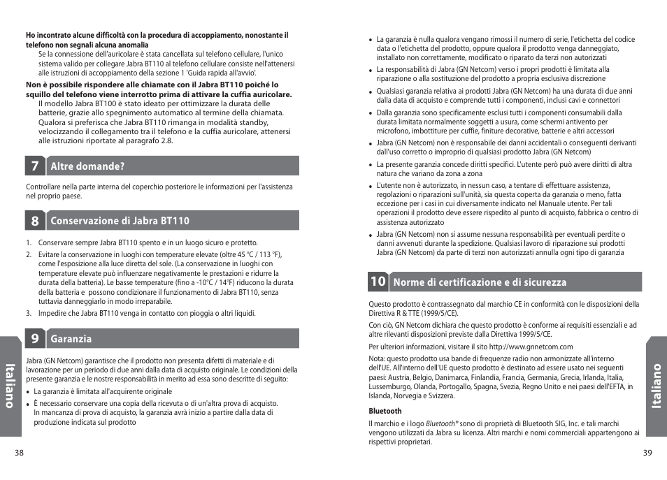 It al ia n o, Ita lia n o | Jabra BT110 User Manual | Page 21 / 65