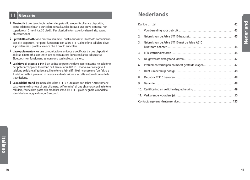 Nederlands, Ned er la n d, Ita lia n o | Jabra BT110 User Manual | Page 22 / 65