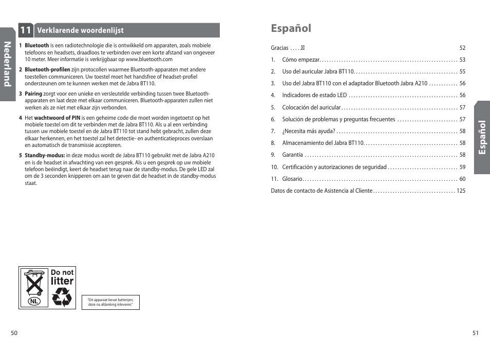 Español, Es p añ o l, Ned er la n d | Jabra BT110 User Manual | Page 27 / 65