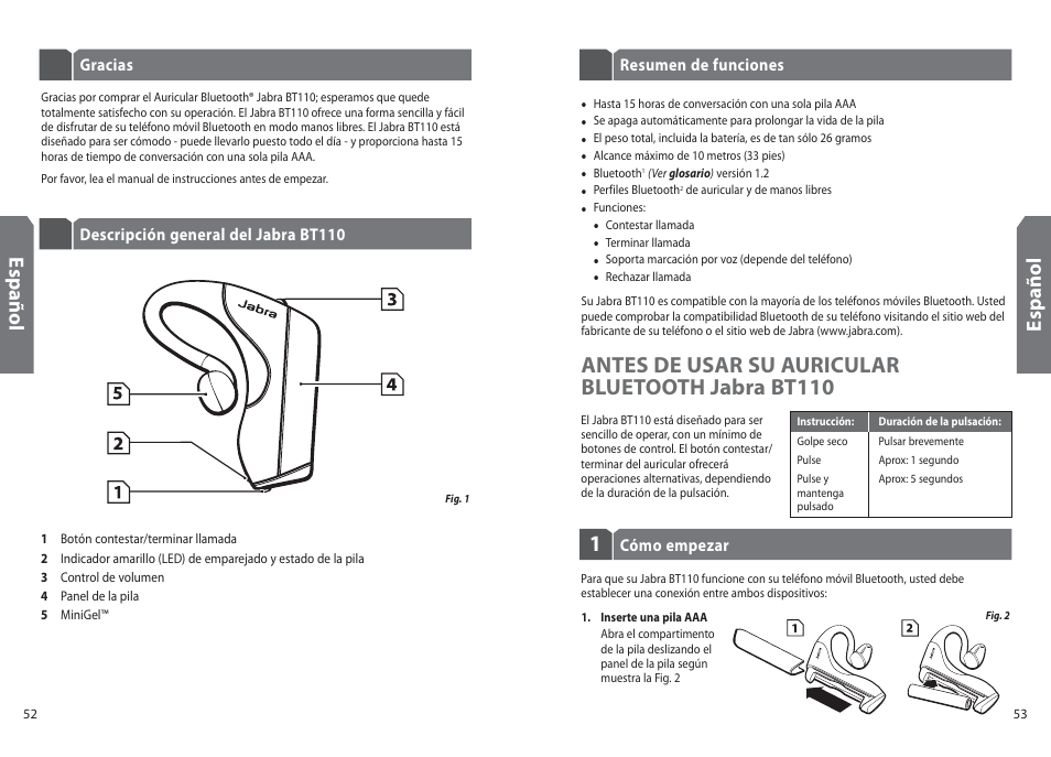 Antes de usar su auricular bluetooth jabra bt110, Es p añ o l | Jabra BT110 User Manual | Page 28 / 65