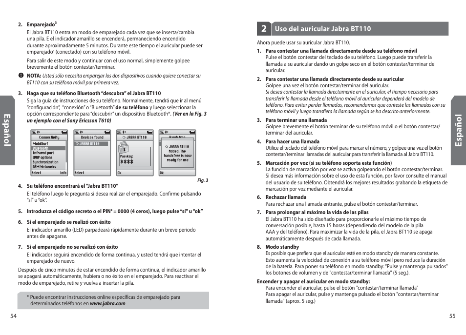 Es p añ o l | Jabra BT110 User Manual | Page 29 / 65