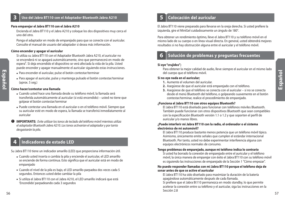 Es p añ o l | Jabra BT110 User Manual | Page 30 / 65