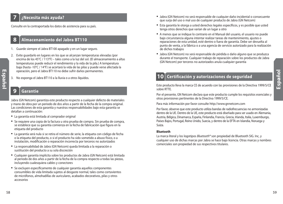 Es p añ o l | Jabra BT110 User Manual | Page 31 / 65