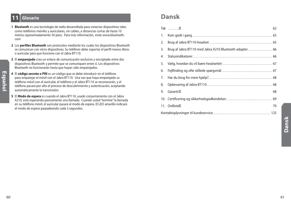 Dansk, Dan sk, Es p añ o l | Jabra BT110 User Manual | Page 32 / 65