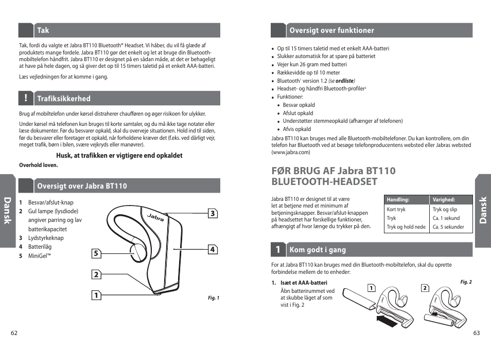 Før brug af jabra bt110 bluetooth-headset, Dan sk | Jabra BT110 User Manual | Page 33 / 65