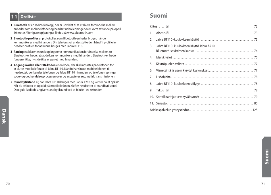 Suomi, Su o m i, Dan sk | Jabra BT110 User Manual | Page 37 / 65