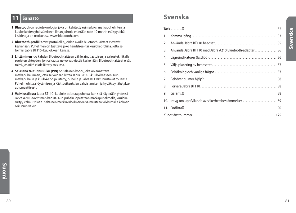 Svenska, Sv en sk a, Su o m i | Jabra BT110 User Manual | Page 42 / 65