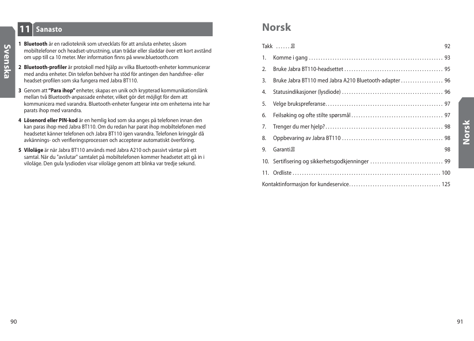 Norsk, No rs k, Sv en sk a | Jabra BT110 User Manual | Page 47 / 65