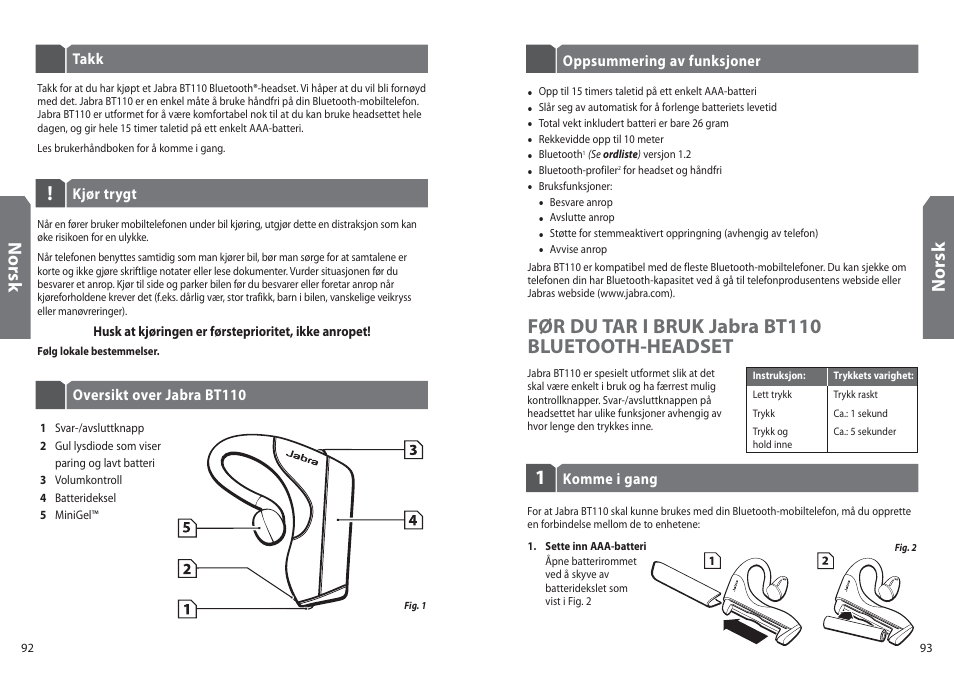 Før du tar i bruk jabra bt110 bluetooth-headset, No rs k | Jabra BT110 User Manual | Page 48 / 65