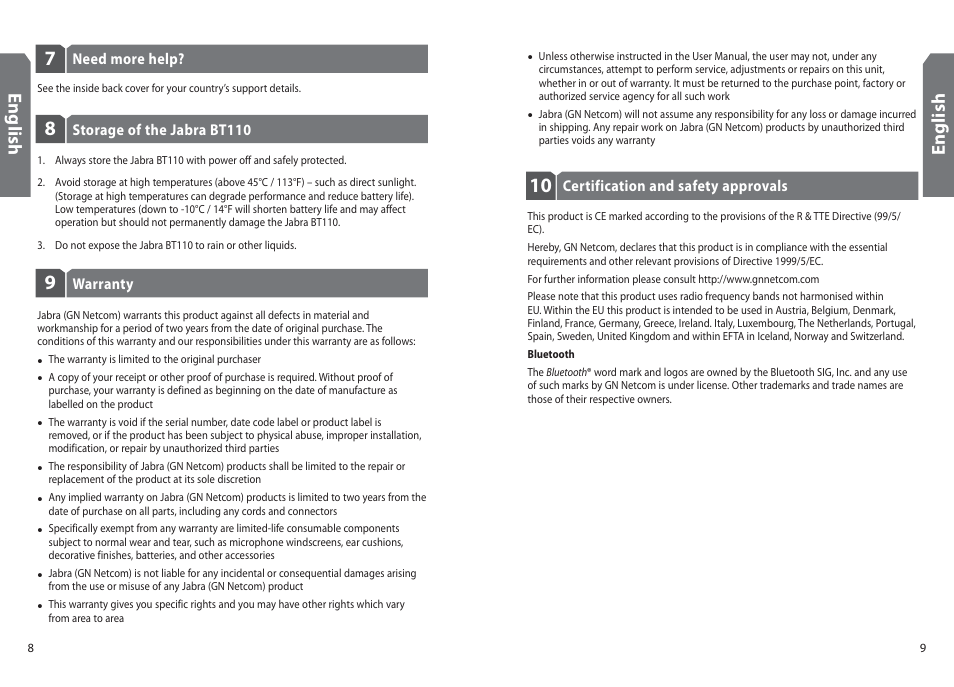 En g lis h | Jabra BT110 User Manual | Page 6 / 65