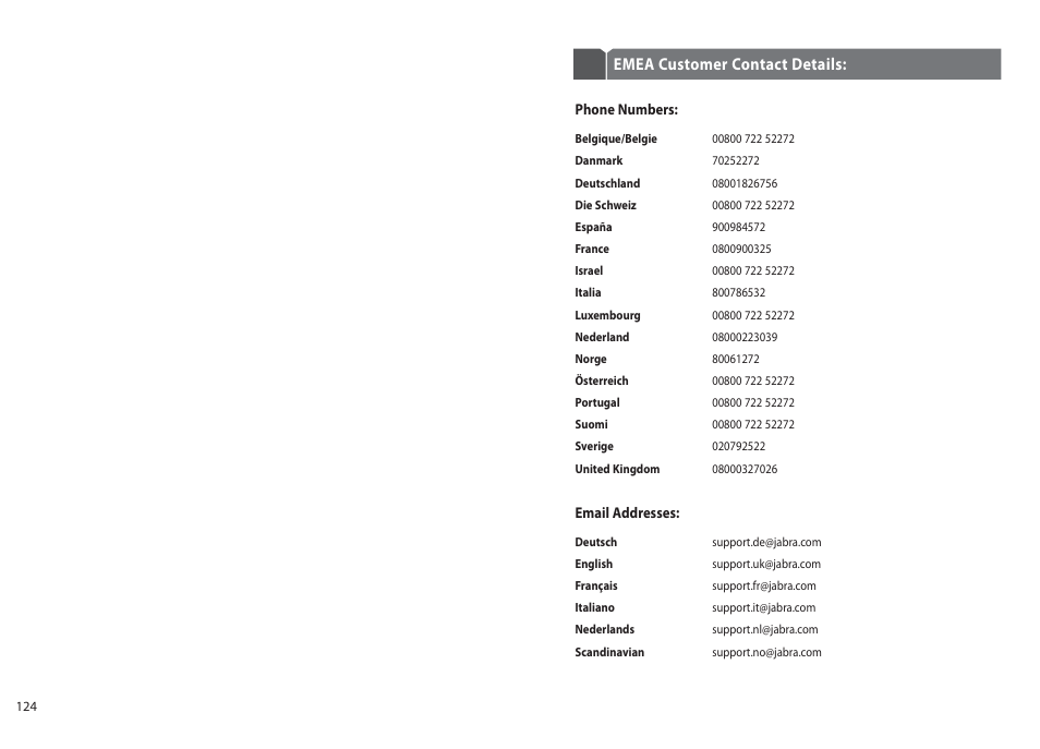 Emea customer contact details | Jabra BT110 User Manual | Page 64 / 65