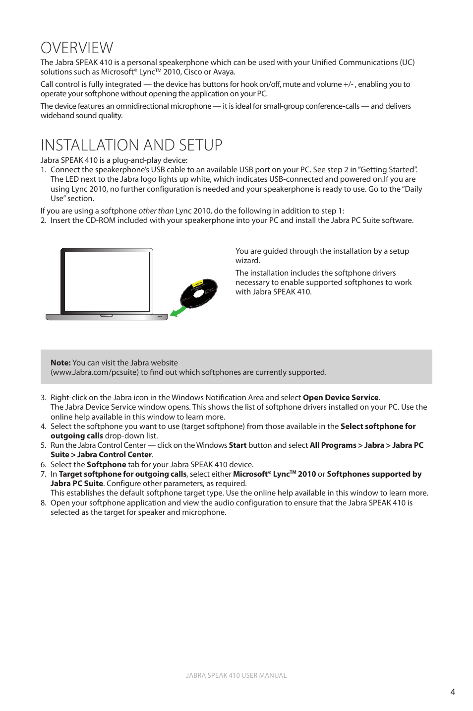 Overview installation and setup, Overview, Installation and setup | En g li sh | Jabra SPEAK 410 User Manual | Page 4 / 8