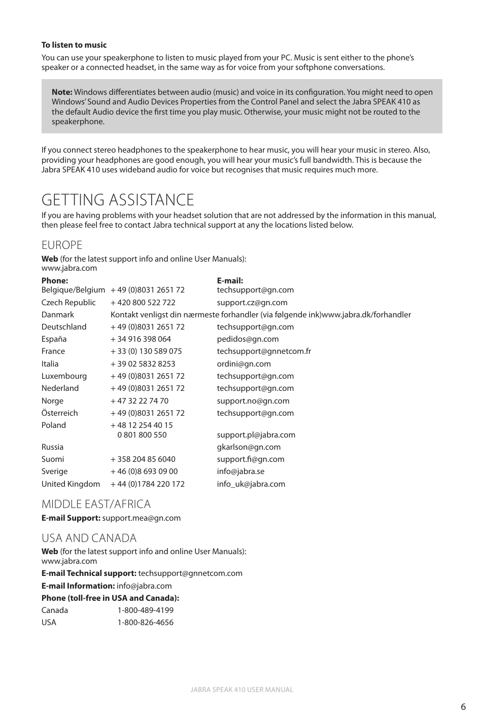 Getting assistance, En g li sh, Europe | Middle east/africa, Usa and canada | Jabra SPEAK 410 User Manual | Page 6 / 8