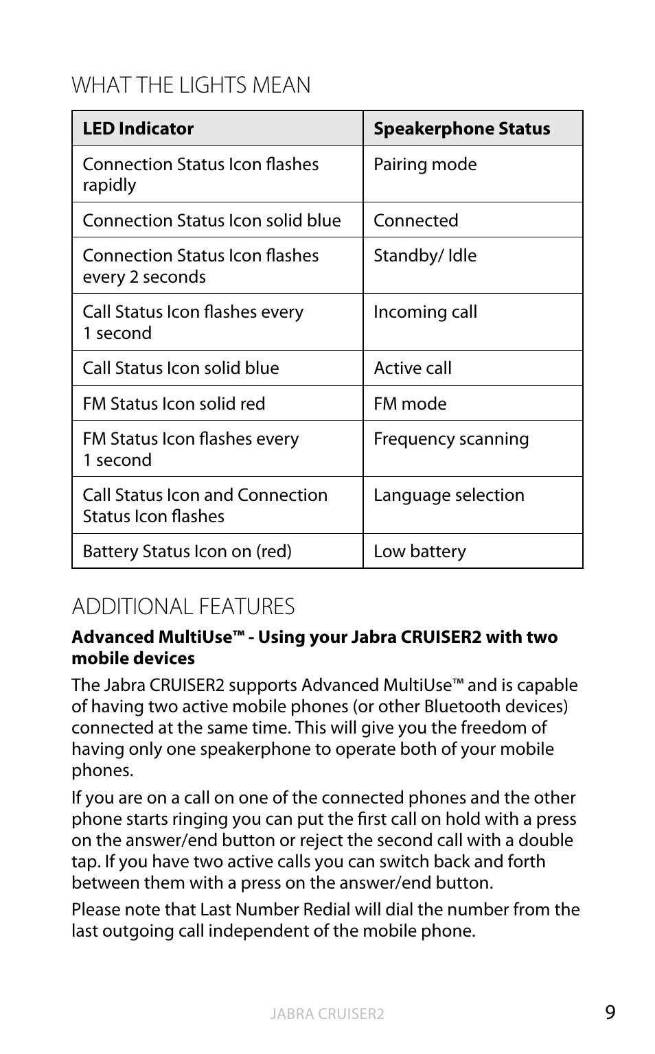 English, What the lights mean, Additional features | Jabra CRUISER2 User Manual | Page 10 / 17