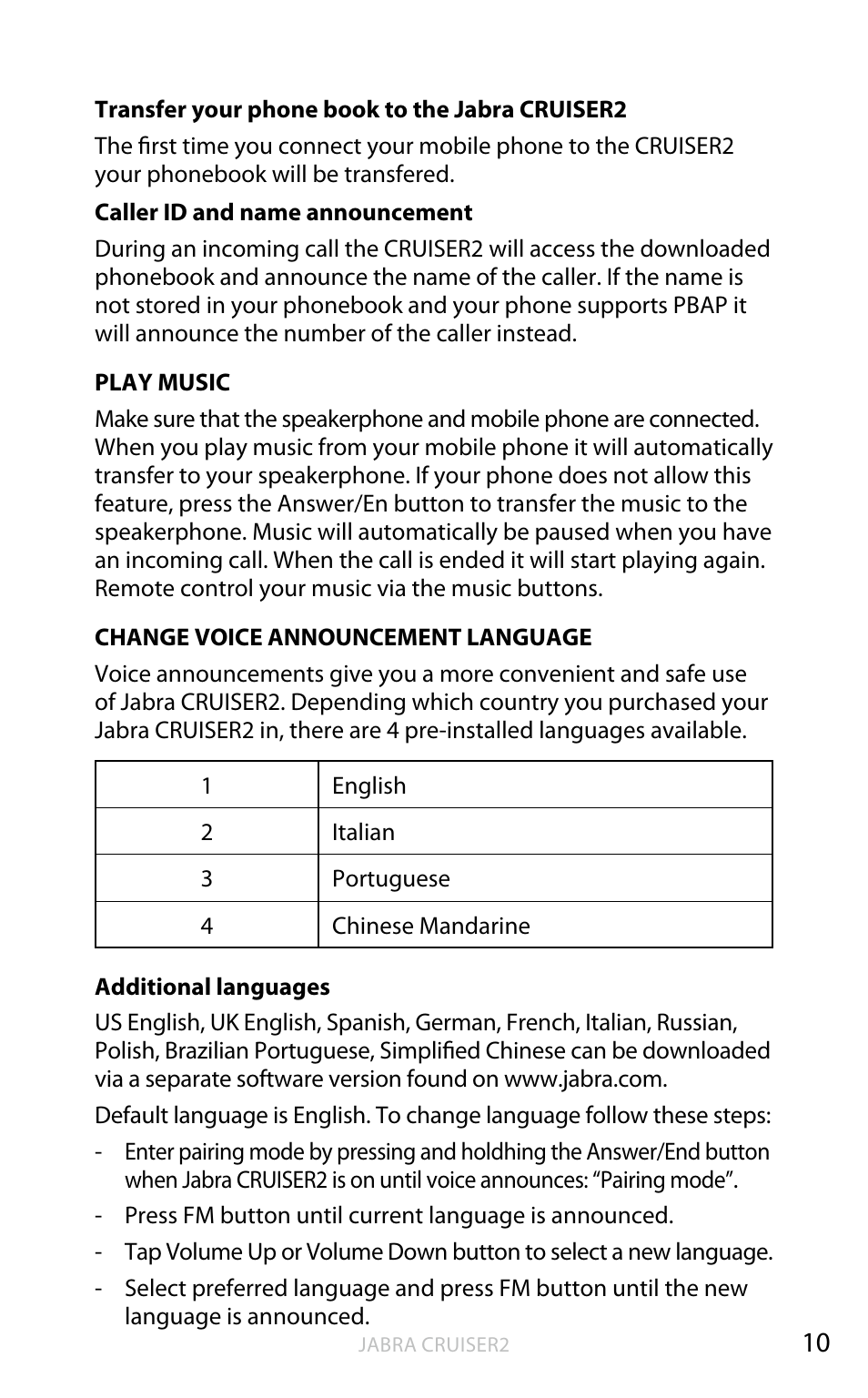 English | Jabra CRUISER2 User Manual | Page 11 / 17