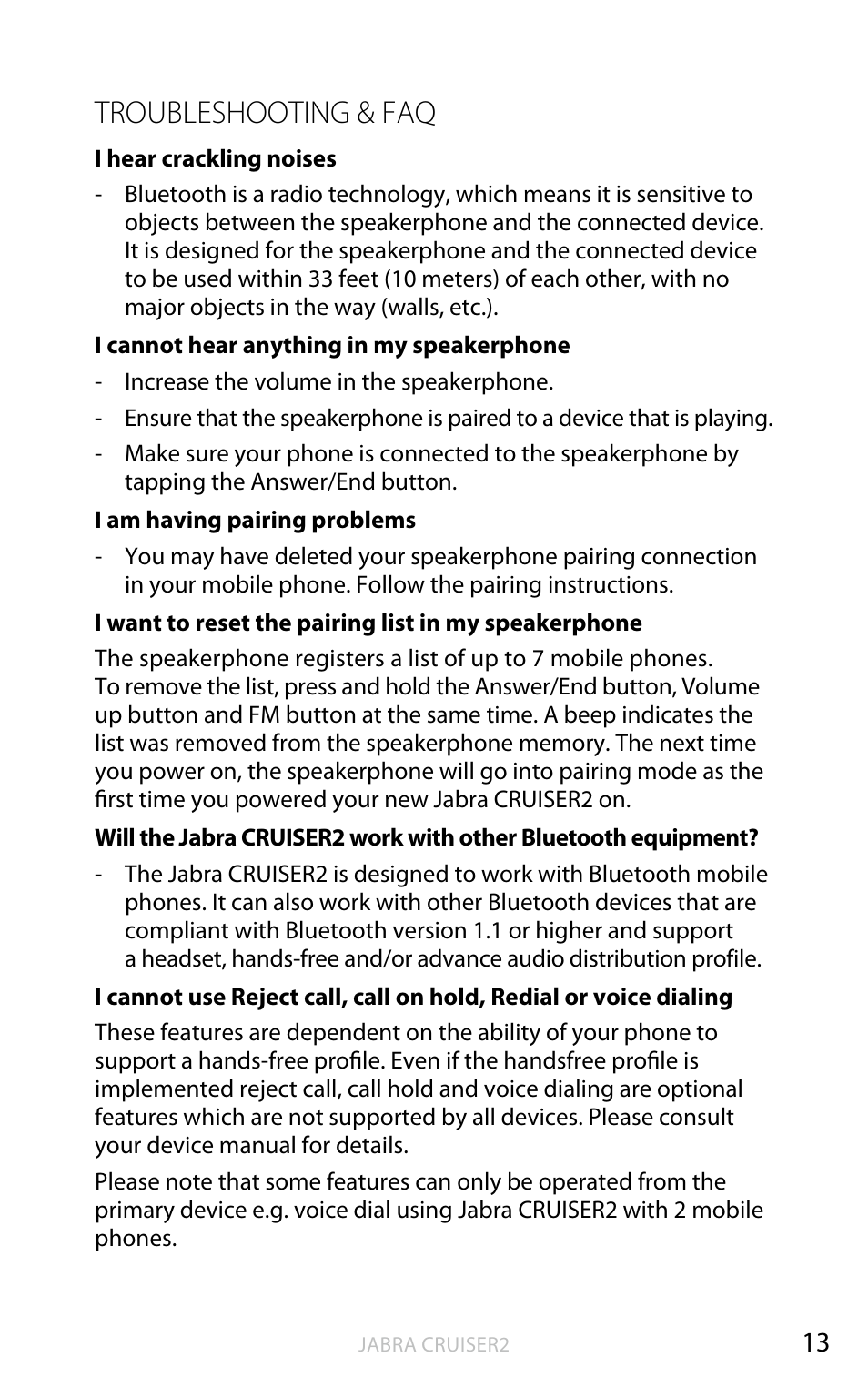 English, Troubleshooting & faq | Jabra CRUISER2 User Manual | Page 14 / 17