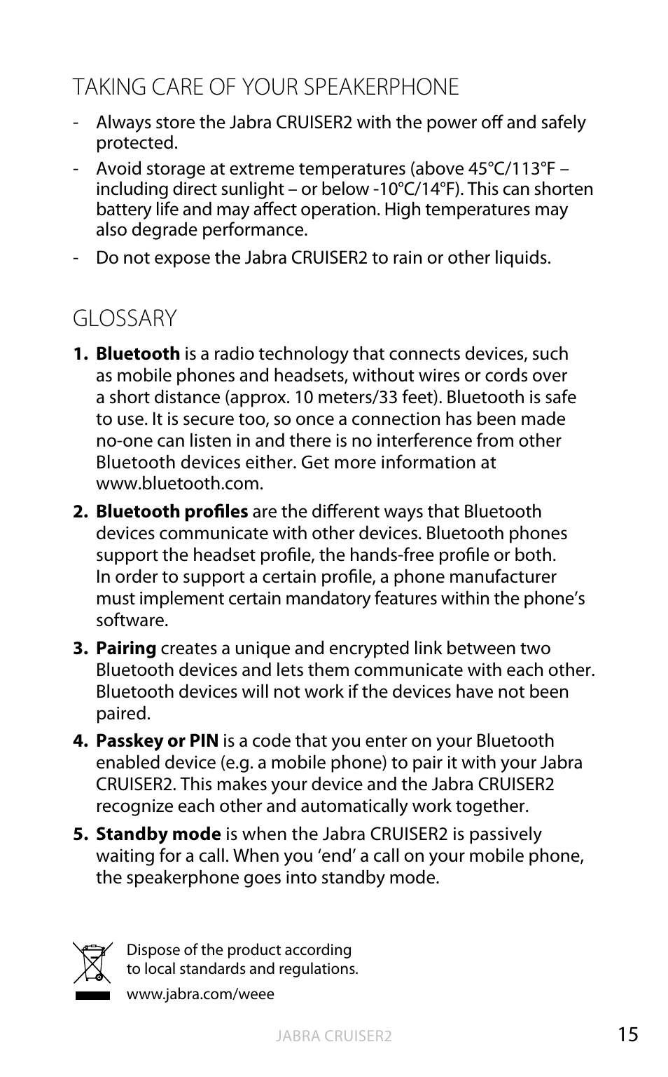 English, Taking care of your speakerphone, Glossary | Jabra CRUISER2 User Manual | Page 16 / 17