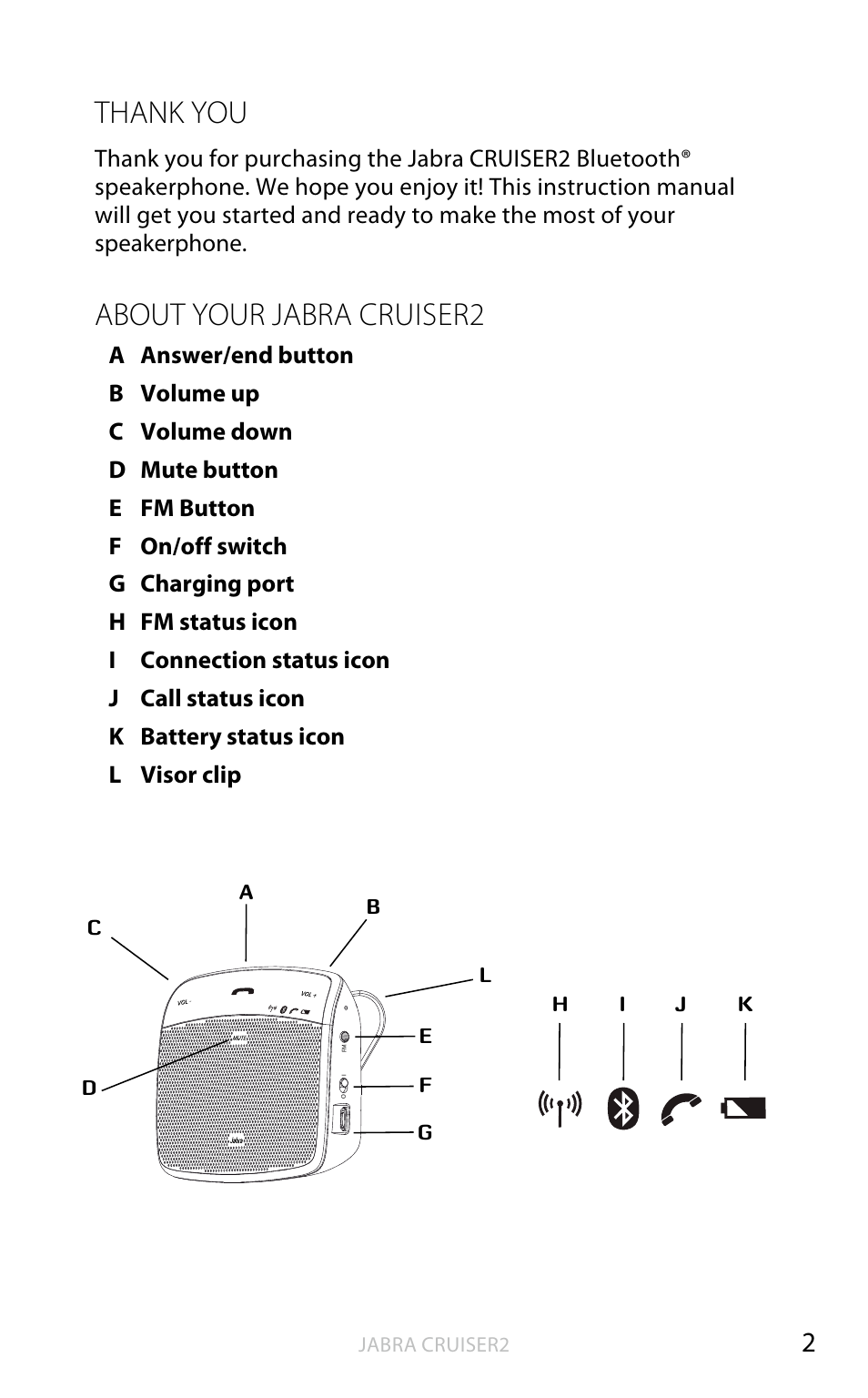 English, Vol - vol + mute, About your jabra cruiser2 | Jabra | Jabra CRUISER2 User Manual | Page 3 / 17