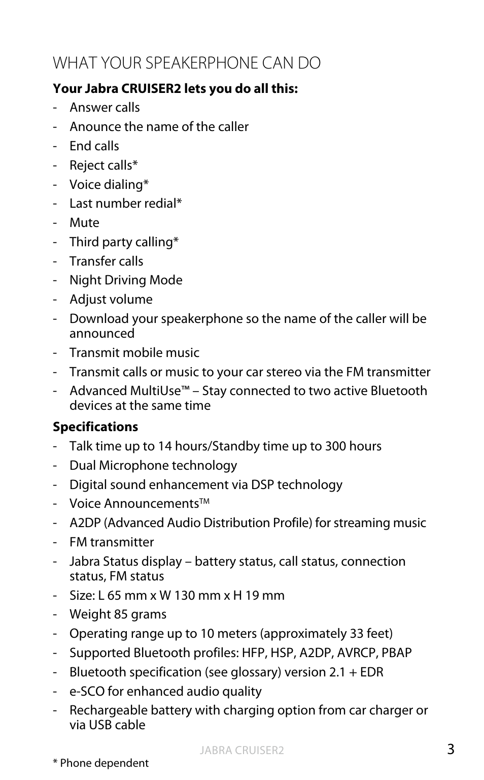 English, What your speakerphone can do | Jabra CRUISER2 User Manual | Page 4 / 17