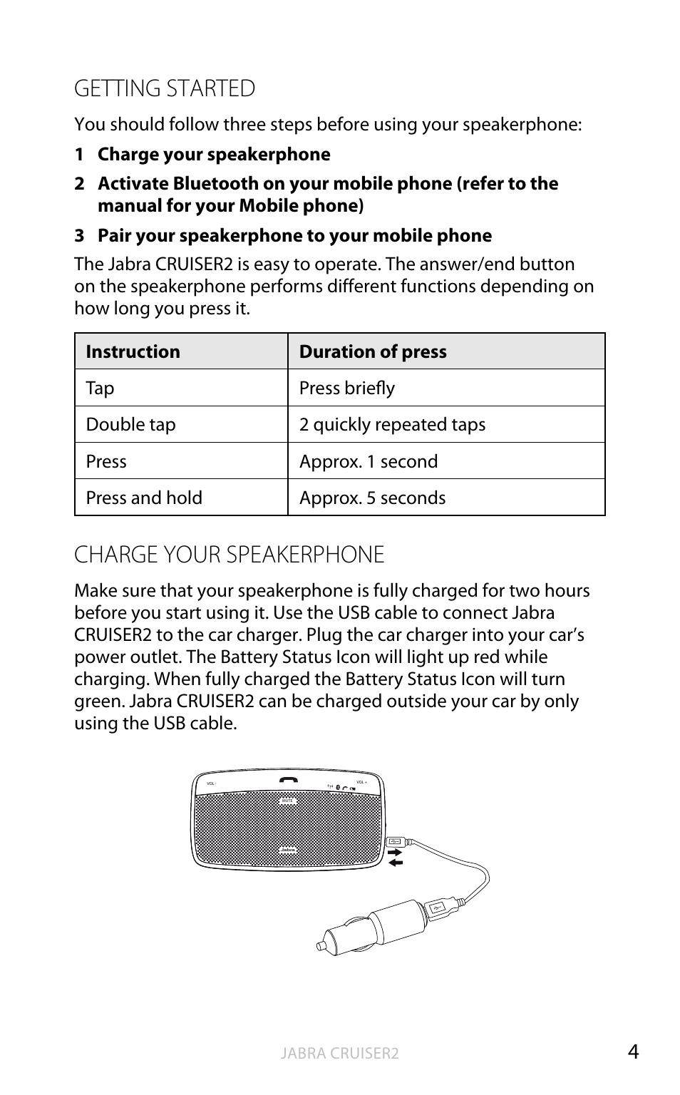 English, Getting started, Charge your speakerphone | Jabra CRUISER2 User Manual | Page 5 / 17