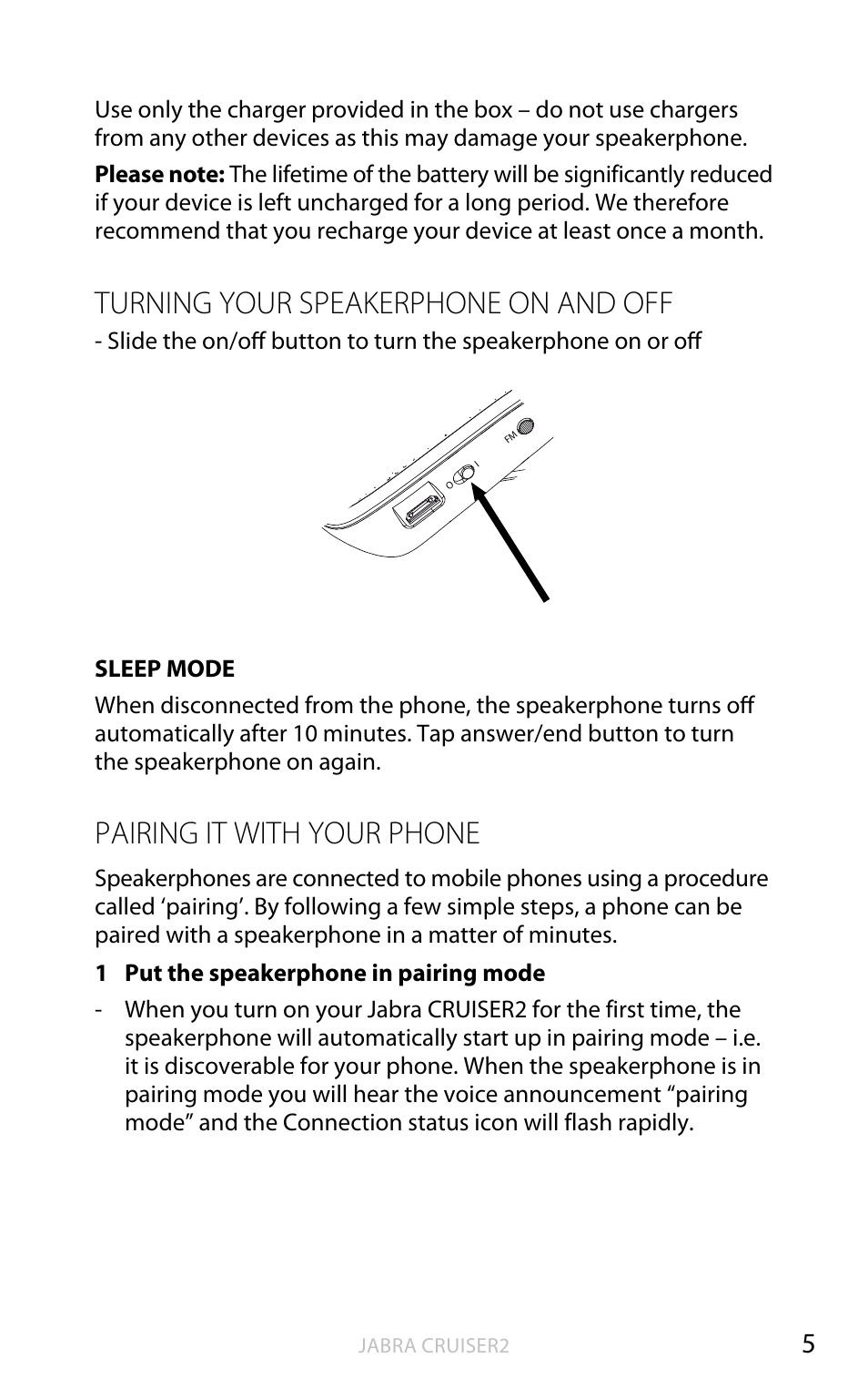 English, Turning your speakerphone on and off, Pairing it with your phone | Jabra CRUISER2 User Manual | Page 6 / 17