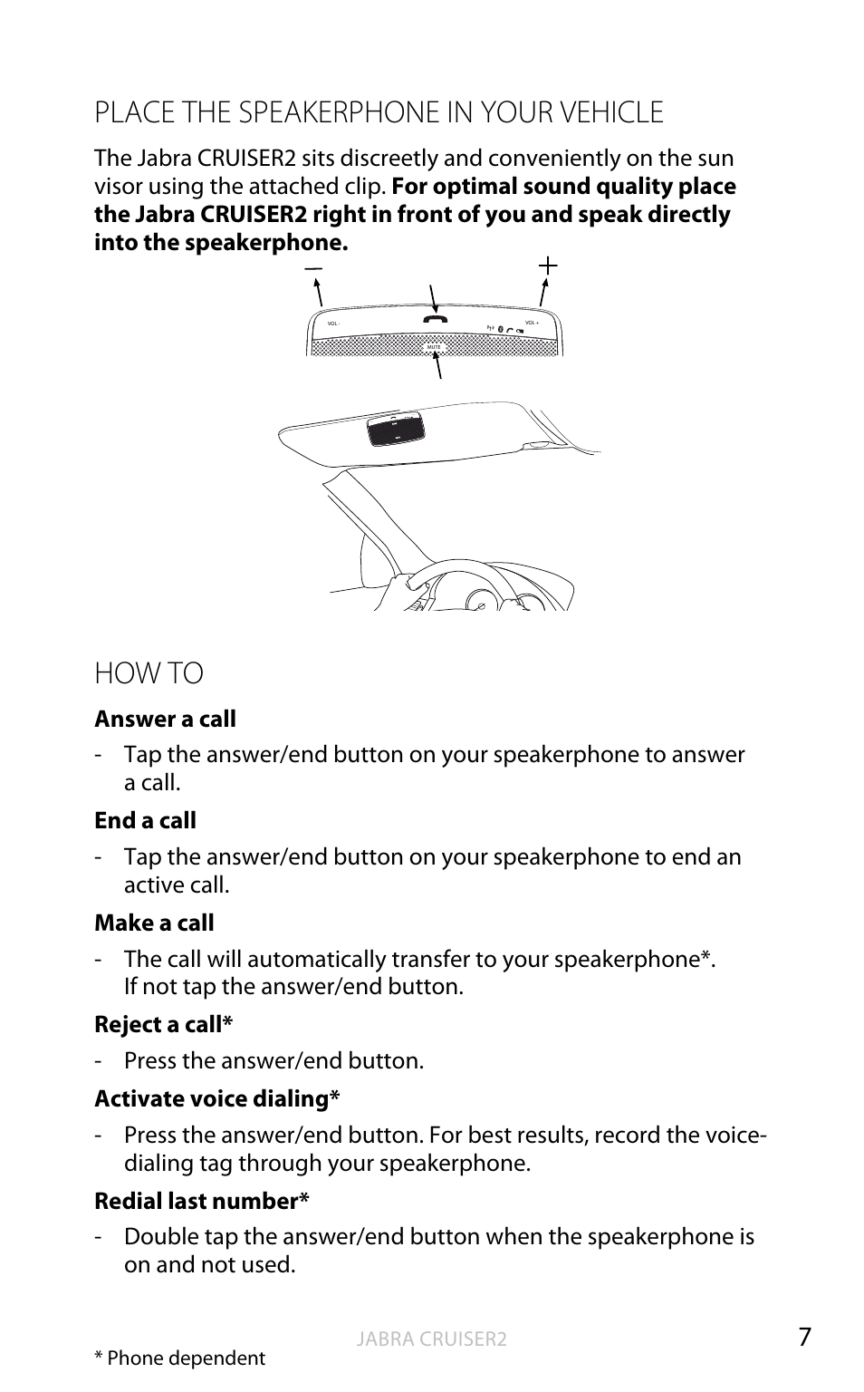 English, Place the speakerphone in your vehicle, How to | Jabra CRUISER2 User Manual | Page 8 / 17