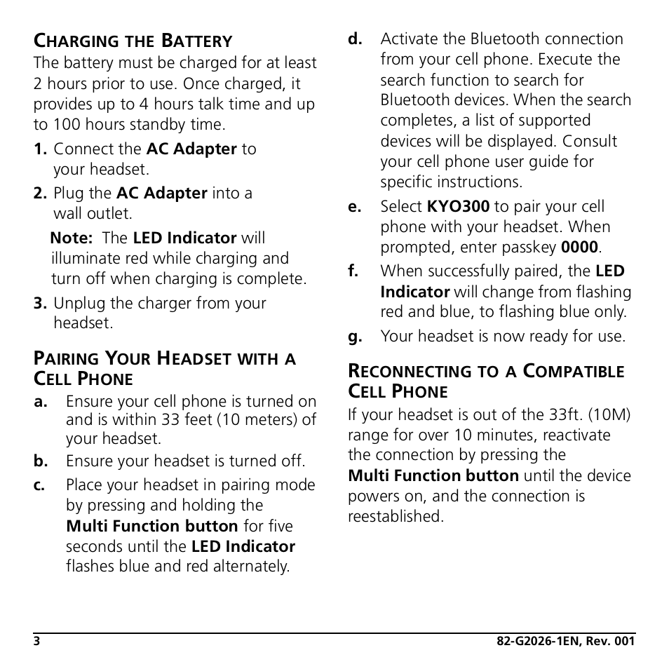 Charging the battery, Pairing your headset with a cell phone, Reconnecting to a compatible cell phone | Jabra KYO300 User Manual | Page 6 / 11