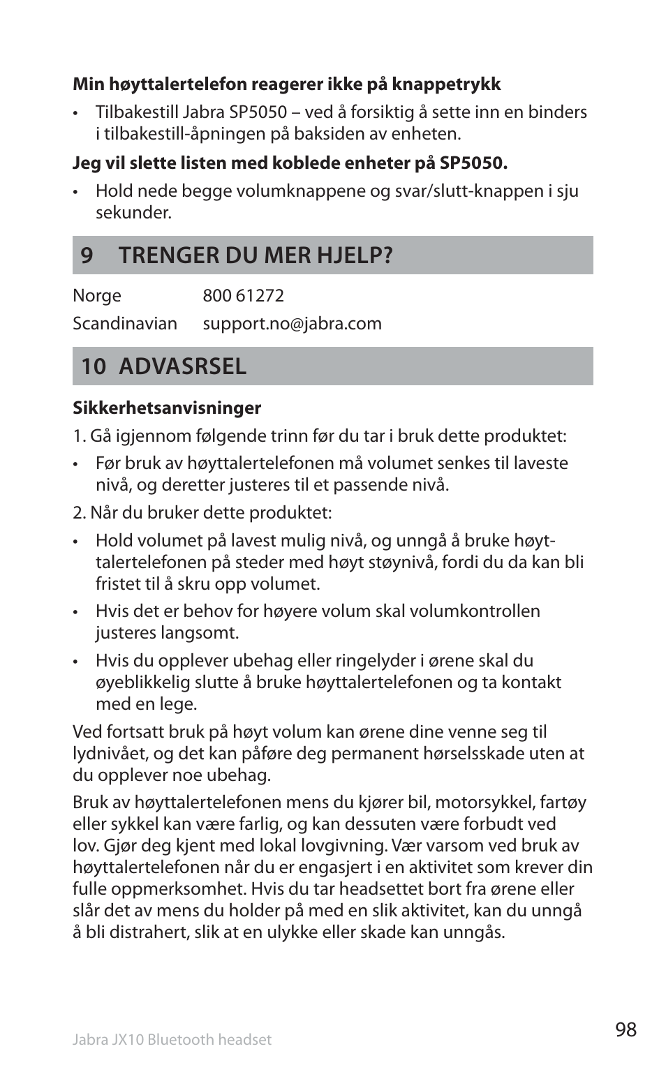 9 trenger du mer hjelp, 10 advasrsel | Jabra SP5050 User Manual | Page 100 / 221