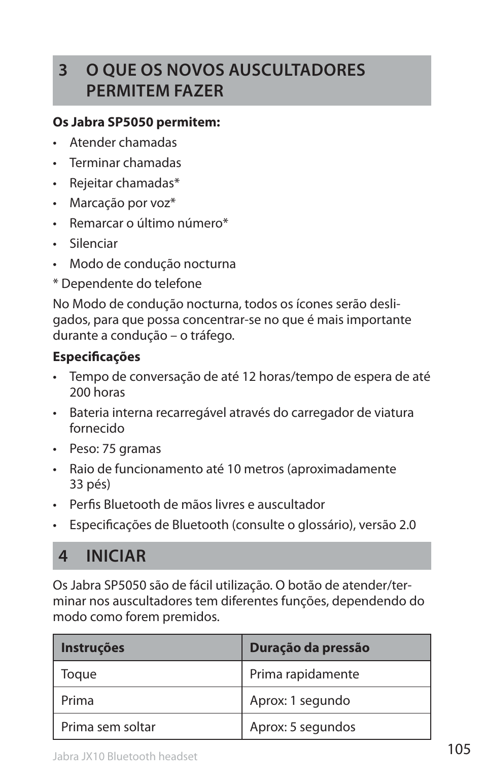 3 o que os novos auscultadores permitem fazer, 4 iniciar | Jabra SP5050 User Manual | Page 107 / 221