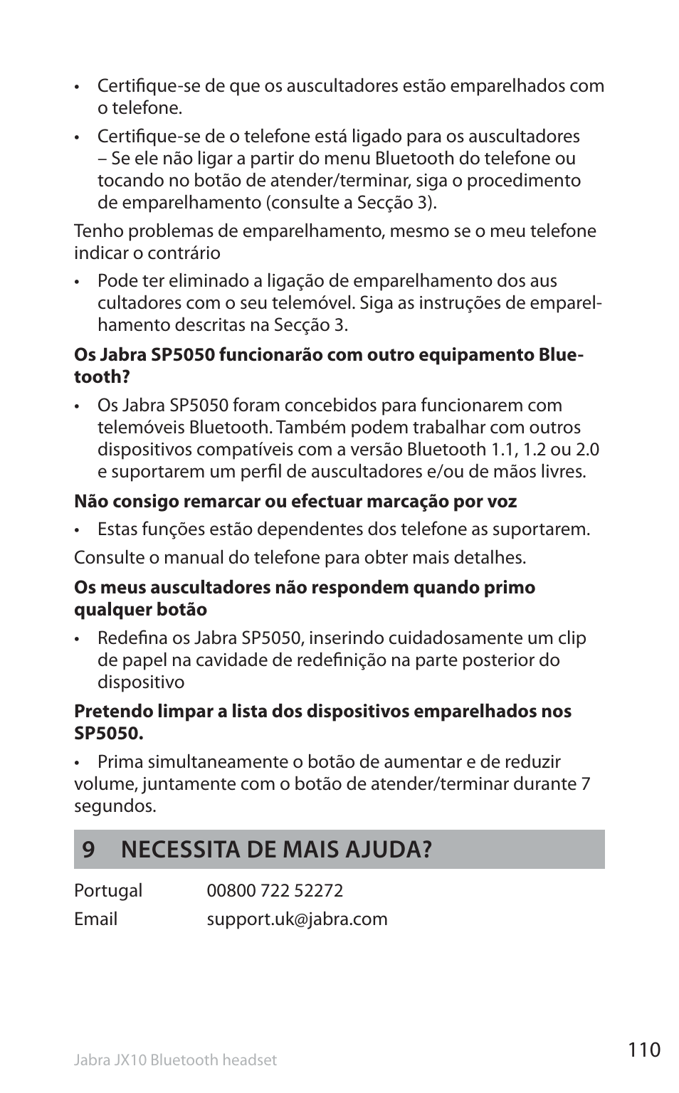 9 necessita de mais ajuda | Jabra SP5050 User Manual | Page 112 / 221