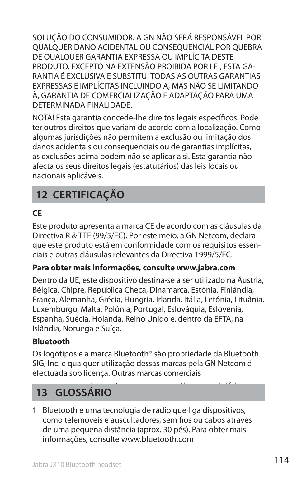 12 certificação, 13 glossário | Jabra SP5050 User Manual | Page 116 / 221