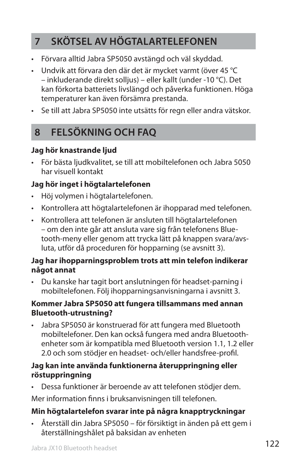 7 skötsel av högtalartelefonen, 8 felsökning och faq | Jabra SP5050 User Manual | Page 124 / 221